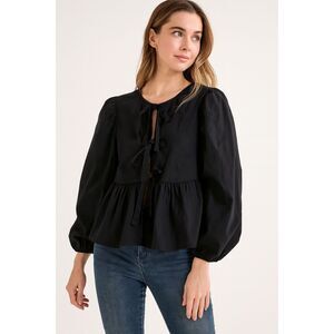 Women's Tie Front Babydoll Peplum Black Puff Sleeve Blouse. Size Medium NWT